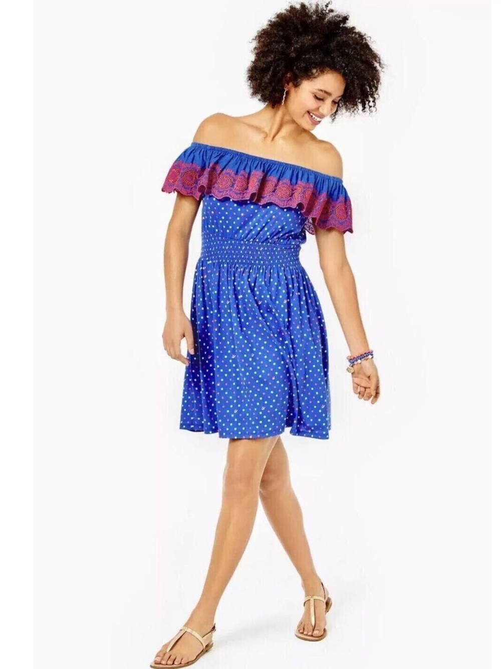 VGUC Lilly Pulitzer Kalama off Shoulder Dress - Red White and Blue Print - large